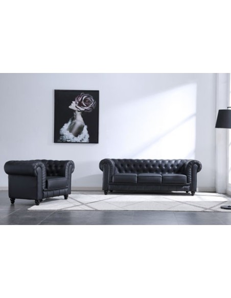 SOFÁ CHESTERFIELD 3 PLAZAS SÍMIL PIEL NEGRO