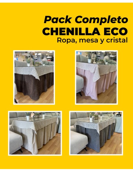 Conjunto Mesa Cristal Ropa Chenilla Eco 8 Pliegues Colores Variados (Incluye tapete de regalo)