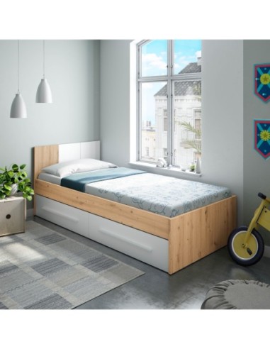 AMBIENT Cama juvenil con cabezal (SIN somier + 2 cajones)(para colchón de 190x90) ROBLE NODI/BL.ARTIK