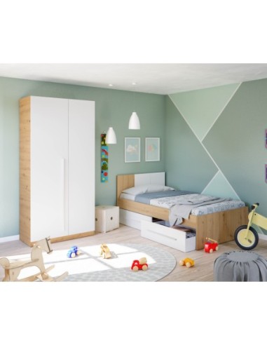 AMBIENT Cama juvenil con cabezal (SIN somier + 2 cajones)(para colchón de 190x90) ROBLE NODI/BL.ARTIK