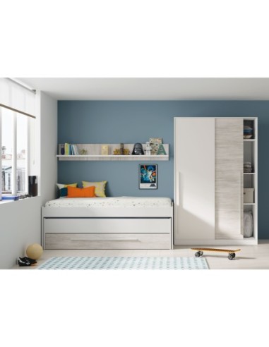 ELLIOT Cama doble SIN somier + 1 cajón + ESTANTE (colchones 190x90 - 180x90) BL.ARTIK/BL.VELHO