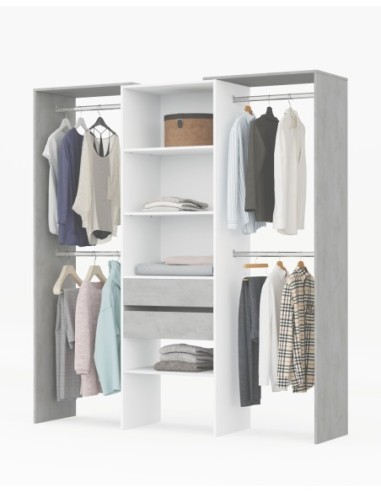 TIDY Armario-Vestidor con estantería 2,02x60cm + 4 barras BLANCO ARTIK/CEMENTO