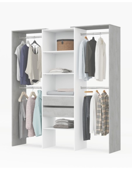 TIDY Armario-Vestidor con estantería 2,02x60cm + 4 barras BLANCO ARTIK/CEMENTO