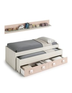 NUBE Cama doble SIN somier + 2 cajones + ESTANTE (colchones 190x90 - 180x90) BLANCO ALPES/ROSA